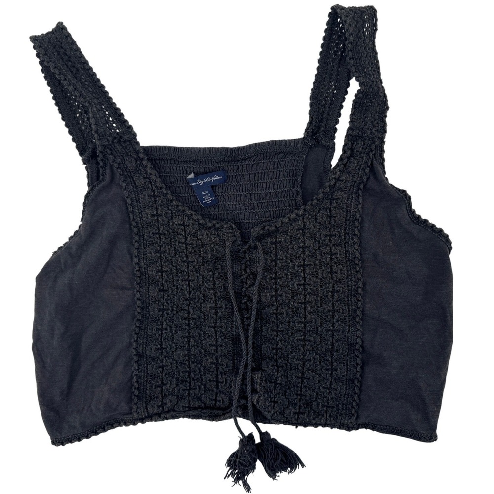 American Eagle M Outfitters Smocked corset Crop Top Black Crochet Lace Tassels‎